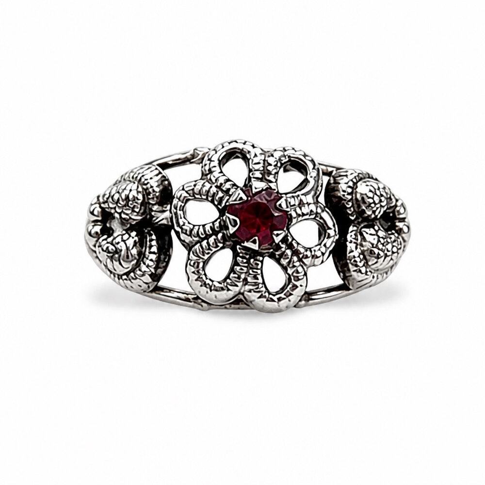 The "Crimson Blossom" Vintage Filigree Ring - Sz 7.5